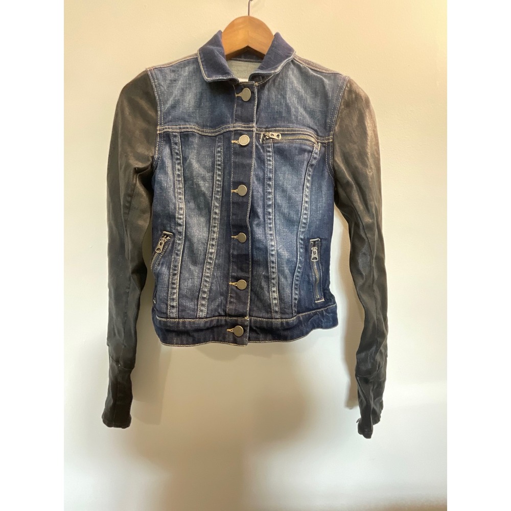 PAIGE Womens XS Coated Leather Sleeve Denim Jacket Blue Jean Moto Biker Stretch